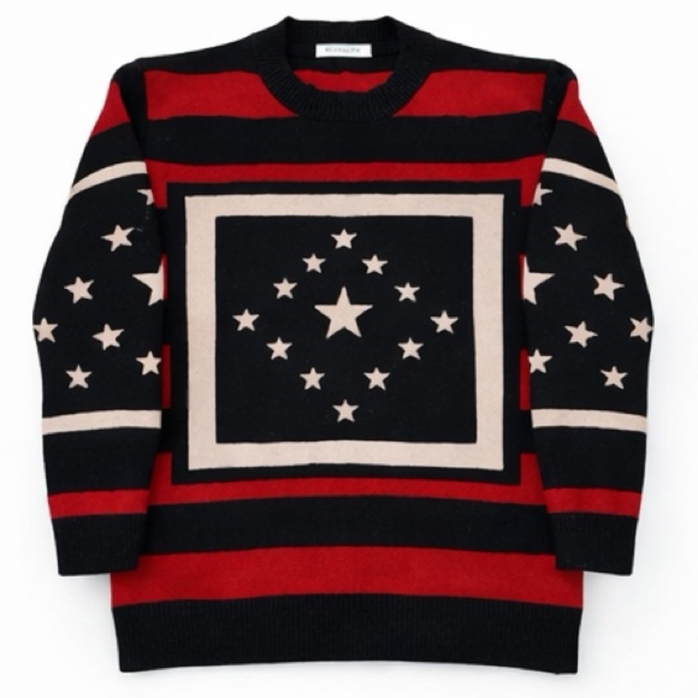 Men’s Givenchy Paris Flag Star Knit Crewneck Sweater Black & Red Size XL